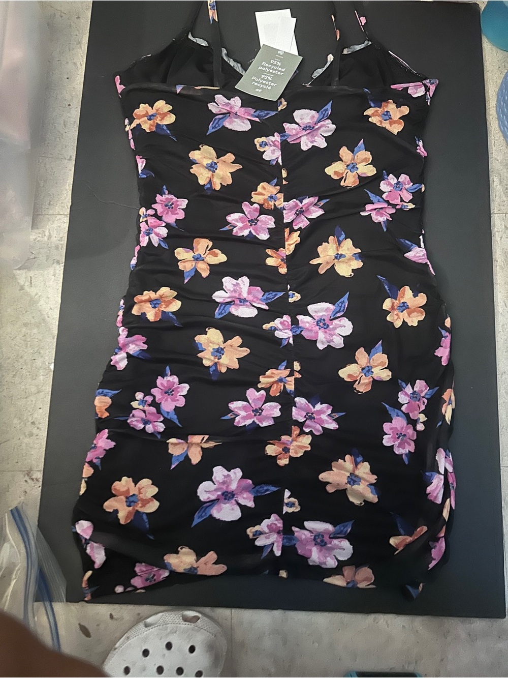 Floral Ruched Black Slip Dress with Pink & Peach Flowers